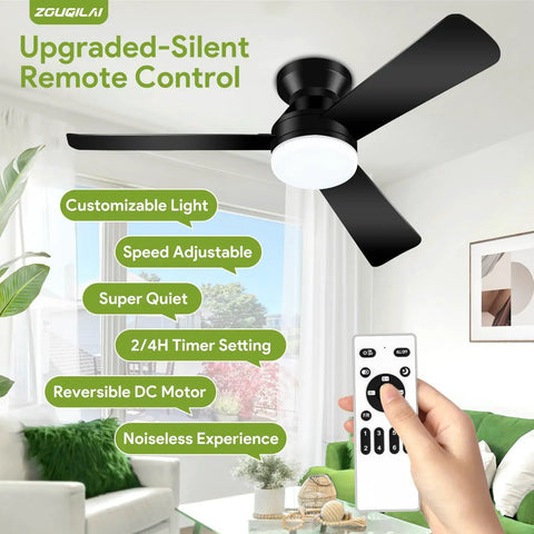 42 Inch Low Profile Ceiling Fan With Lights And Remote Reversible DC Motor Sleek Black Flush Mount for Bedroom and Living Room