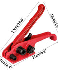 Top Shelf Heavy Duty Manual Strapping Tool For Plastic Strap Crushes Heavy Lifting Tasks Without A Sweat Built In Tensioner Sealer And Cutter For Half To Three Quarter Inch Bands, red metal design with measurements.