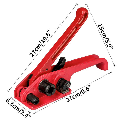 Top Shelf Heavy Duty Manual Strapping Tool For Plastic Strap Crushes Heavy Lifting Tasks Without A Sweat Built In Tensioner Sealer And Cutter For Half To Three Quarter Inch Bands, red metal design with measurements.