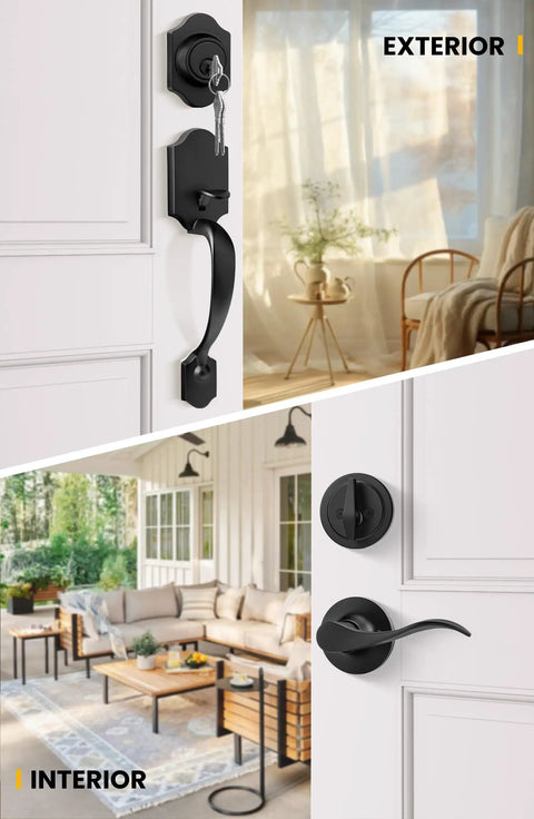 Matte Black Front Door Handle Set With Reversible Knob Classic Single Cylinder Front Door Lock Durable Front Door Hardware