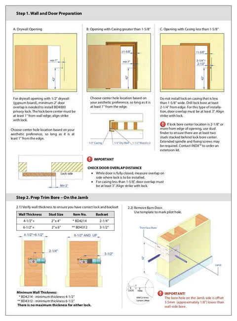 Installation guide for Barn Door Privacy Lock With Concealed Bolt And Ada Turn Square Rose, showing wall and jamb preparation steps.