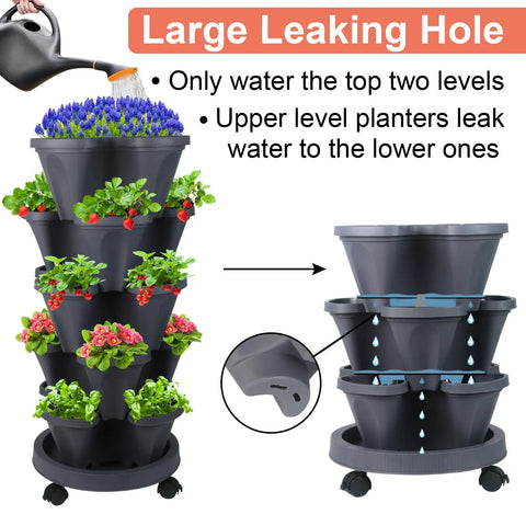 Vertical Planter Tower Five Tier Stackable Garden Planters With Lockable Wheels For Indoor And Outdoor Use In Dark Gray