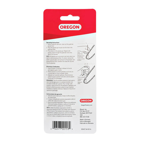 Back view of Oregon chainsaw grease gun packaging with diagrams and instructions on red-and-white card, Oregon logo.