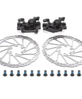 Universal Mechanical Disc Brake Caliper Pair For Front And Rear Mountain Road Bikes Tough As Nails Aluminum Frame with rotors and bolts.