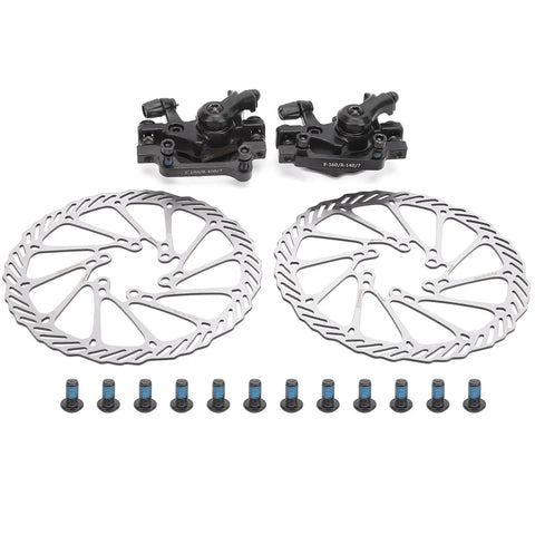 Universal Mechanical Disc Brake Caliper Pair For Front And Rear Mountain Road Bikes Tough As Nails Aluminum Frame with rotors and bolts.