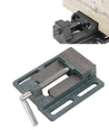 Beefy 3 Inch High Carbon Steel Drill Press Vise with raised widened jaws demonstrating superior clamping on wooden piece