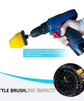 Hand holding drill with Drill Bit Cone Polisher Pro Grade Kit With Memory Foam Cone Sponge for car wheel cleaning