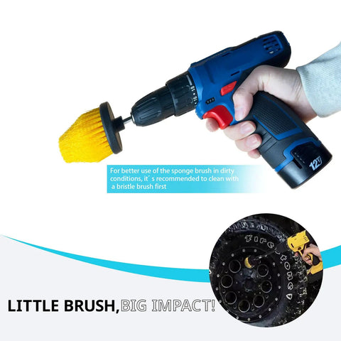 Hand holding drill with Drill Bit Cone Polisher Pro Grade Kit With Memory Foam Cone Sponge for car wheel cleaning