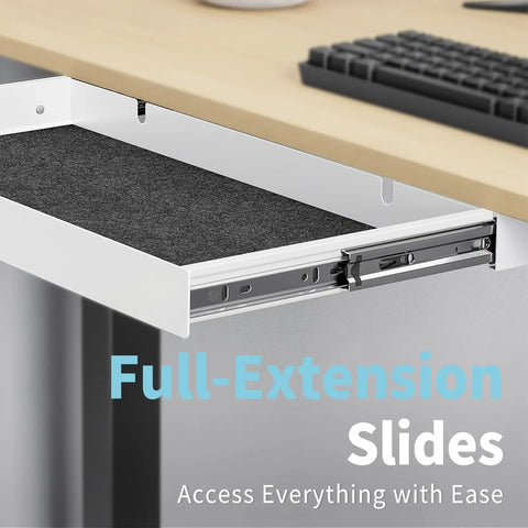 Kick Clutter To The Curb With This Sleek White Slide Out Under Desk Drawer Featuring Smooth Ball Bearing Slides And Solid Carbon Steel Build For Tidy Home Office Storage close-up of white drawer showing full-extension ball bearing slides.