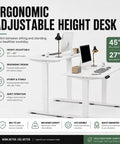 Built Like A Tank 55 Inch White Electric Standing Desk With Height Adjustable Reinforced Frame And Smart Memory Buttons for ergonomic use, showing adjustable height range.