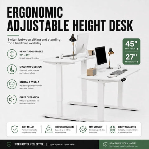 Built Like A Tank 55 Inch White Electric Standing Desk With Height Adjustable Reinforced Frame And Smart Memory Buttons for ergonomic use, showing adjustable height range.