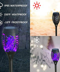 Solar Tiki Torch Lights Eight Piece Purple Outdoor Garden Decor with Realistic Flickering Flame in different weather conditions