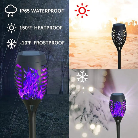 Solar Tiki Torch Lights Eight Piece Purple Outdoor Garden Decor with Realistic Flickering Flame in different weather conditions
