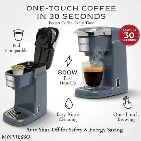 One Touch Single Cup Coffee Brewer With Quick Brew, 12 Oz Grey Coffee Maker, brewing coffee using K Cups and ground coffee