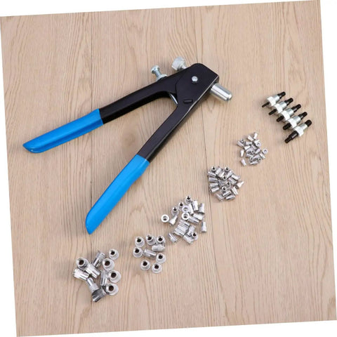 Heavy Duty Rivet Nut Tool Kit With 86 Pieces M5 M7 M8 Rivnuts For Auto Repair And DIY Projects Featuring Durable Aluminum Hand Riveter And Non-Slip Handle Plus Carrying Case For Easy Installation. hand riveter with M5 M7 M8 rivnuts on wood floor