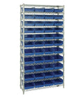 Workhorse Heavy Duty Wire Shelving Rack With Forty Four Blue Storage Bins Twelve Tier Chrome Steel Unit displaying multiple storage bins.