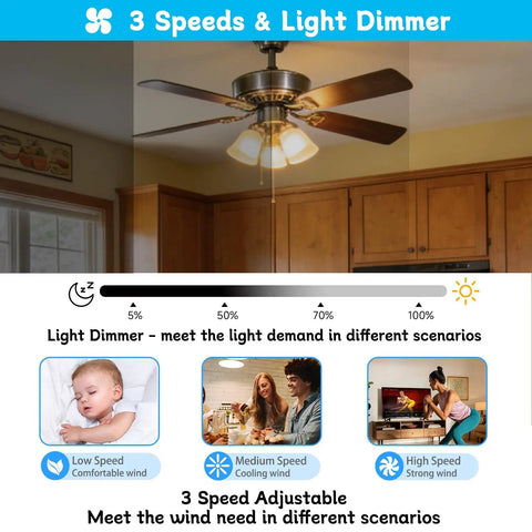 Universal Ceiling Fan Remote Control Kit With Receiver And Wall Control 3 Speed Fan Remote With Full Range Light Dimmer shown in a kitchen