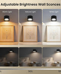 Fuligent 2 Pack LED Wall Sconces, Battery Operated Wall Lights for Bedroom Bedside showing warm, natural, and white light settings.
