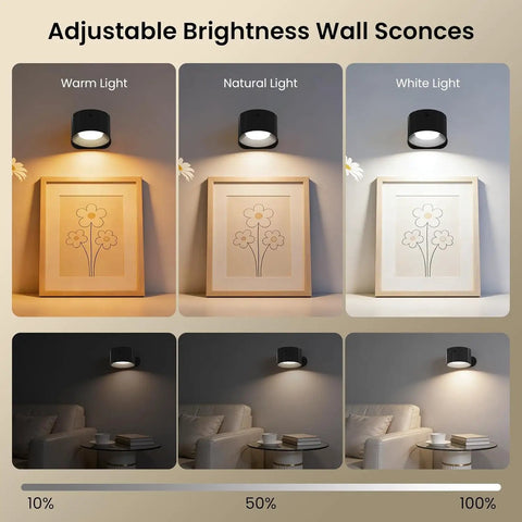 Fuligent 2 Pack LED Wall Sconces, Battery Operated Wall Lights for Bedroom Bedside showing warm, natural, and white light settings.