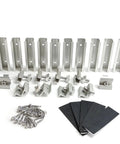 Beefed Up Solar Panel Mounting Kit With Mid And End Clamps And Rails For Roof Installations, screws, and mounting pads on display.