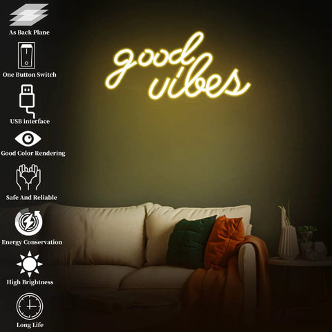 Good Vibes Neon Sign For Bedroom Decor, Warm White LED Neon Lights For Wall Decor, 16 By 8 Inch Accent Light above sofa