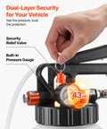 Hand adjusting relief valve on pneumatic transmission fluid pump with built-in pressure gauge, showing 43 PSI, HDPE tank.