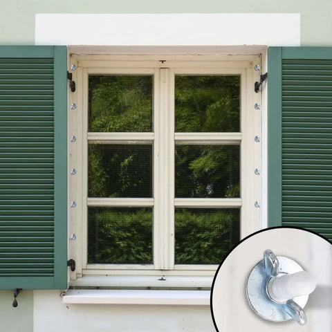 Window with shutters showing All In One Hurricane Anchor Kit 40 Set Quarter Inch 20 Thread For Window Board Panel and clear insert of installed anchor