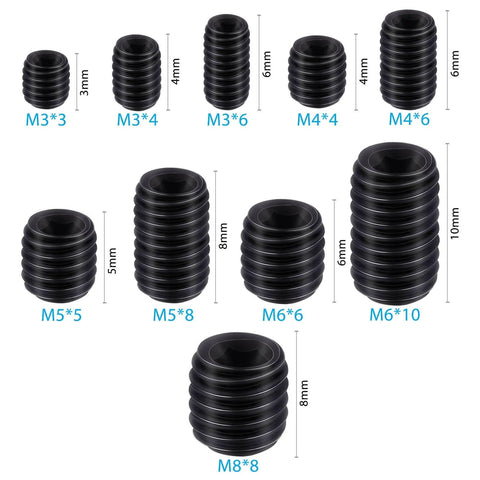 Must Have 200 Piece Internal Hex Drive Cup Point Grub Screw Set In Metric M3 To M8 With 10 Sizes shown with dimensions
