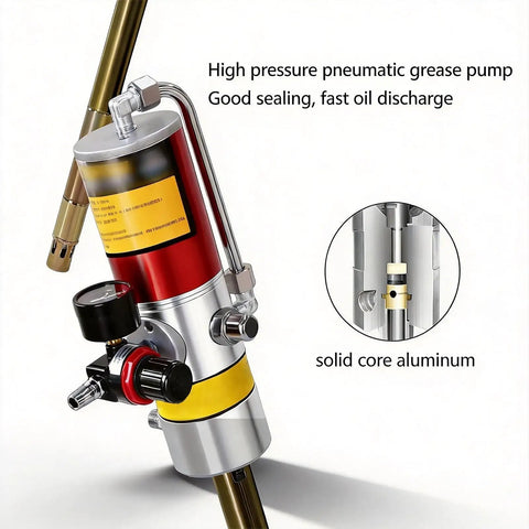 Beefed Up Heavy Duty Pneumatic Grease Gun Dispenser with solid core aluminum and high pressure gauge visible