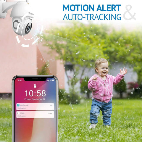 Outdoor Security Camera 1080P HD WiFi With 360 Pan Tilt Night Vision Two Way Audio IP65 monitoring child with motion alert