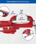 Badass 6 Inch Heavy Duty Bench Vise With Smooth 360 Degree Swivel Base And Serrated Pipe Jaws showing 6 inch jaw width and 3.7 inch throat depth.