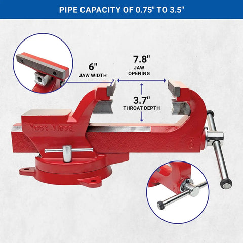Badass 6 Inch Heavy Duty Bench Vise With Smooth 360 Degree Swivel Base And Serrated Pipe Jaws showing 6 inch jaw width and 3.7 inch throat depth.