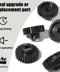 Five Piece 0.8M Hardened Steel Pinion Gear Set With 5mm Shaft And 26T 27T 28T 29T 30T For 1 To 10 Scale RC Cars Including Arrma HPI Losi Axial Traxxas Tamiya 540 550 Motors With M4 Screw And Hex Key displayed on a white background.