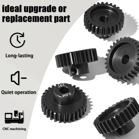 Five Piece 0.8M Hardened Steel Pinion Gear Set With 5mm Shaft And 26T 27T 28T 29T 30T For 1 To 10 Scale RC Cars Including Arrma HPI Losi Axial Traxxas Tamiya 540 550 Motors With M4 Screw And Hex Key displayed on a white background.