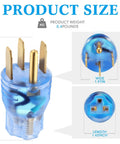 Heavy Duty 50 Amp To 20 Amp Nema 14-50P To 6-20R Power Adapter showing size dimensions and weight in blue molded design.