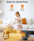 Compact 600W PTC Ceramic Space Heater With 45 Degree Oscillation near child and dog, safe for pets and kids in living room setting.