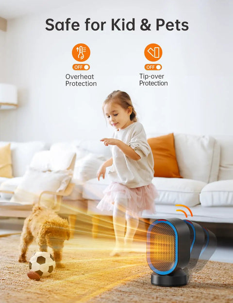 Compact 600W PTC Ceramic Space Heater With 45 Degree Oscillation near child and dog, safe for pets and kids in living room setting.