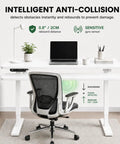 Built Like A Tank 55 Inch White Electric Standing Desk With Height Adjustable Reinforced Frame and Smart Memory Buttons showing anti-collision feature.