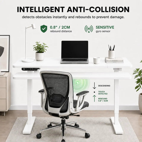 Built Like A Tank 55 Inch White Electric Standing Desk With Height Adjustable Reinforced Frame and Smart Memory Buttons showing anti-collision feature.