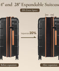 Expandable hardside luggage set showing 24" and 28" suitcases before and after 20% expansion.