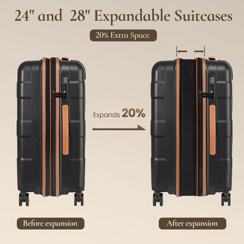 Expandable hardside luggage set showing 24" and 28" suitcases before and after 20% expansion.