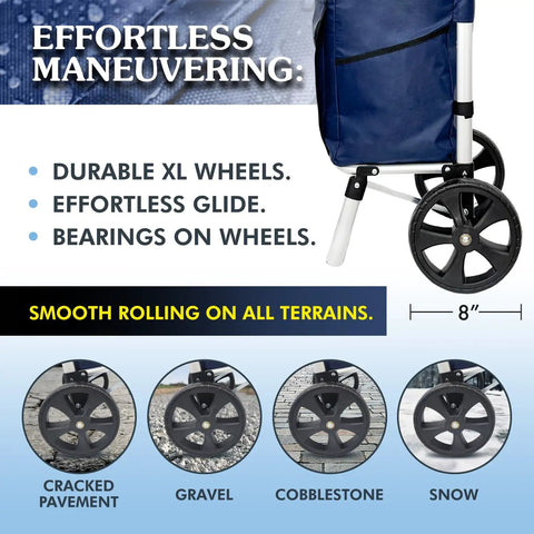 Ultra Lightweight Foldable Grocery Cart with rugged aluminum frame and rubber wheels for versatile terrains