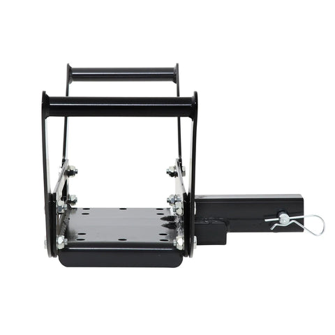 Winch Cradle For 2 Inch Receiver Hitch Built To Handle 8K To 12K Winches, Roller Fairlead Plate, front view, black steel