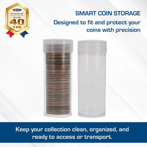Two Coin Storage Tubes For 40 Quarters, Archival Quality Plastic Holders With Screw On Caps, one filled, one empty.