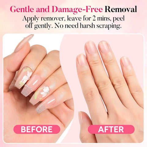 Pro Nail Glue And Remover Kit For Press On Nails, before and after removal, showing glitter and floral acrylic tips.