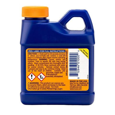 Permanent Coolant Leak Repair Kit ST5501 bottle with label, blue container, orange cap, use instructions visible, 20 Qt capacity