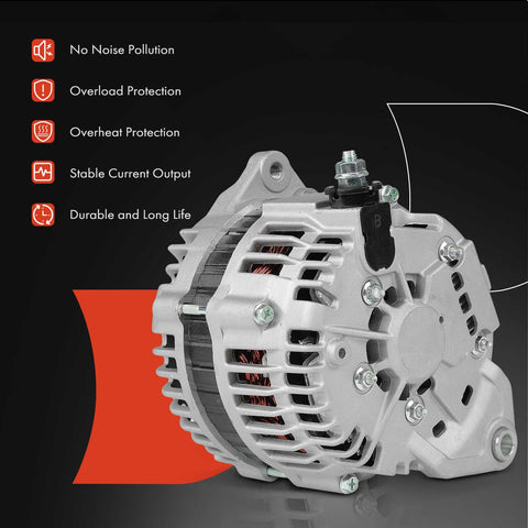 Plug And Play 12V 110A Alternator For Nissan Murano 2003 2007 And Maxima 1995 1997 1998 2000 2002 2003 Plus Infiniti I30 1998 2000 And I35 2002 2004 Replaces LR11107 23100-0L701 231000L701 231005Y700, shown from side view