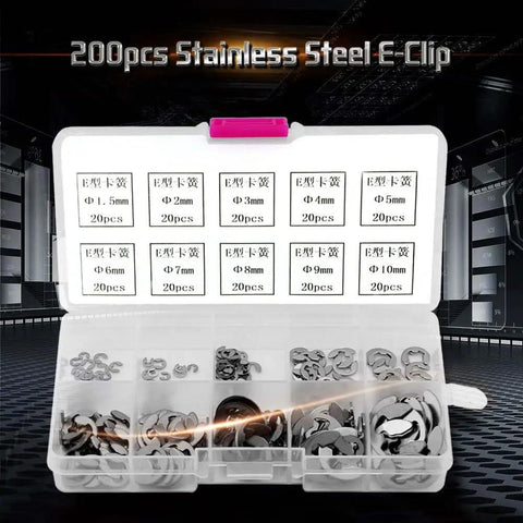 Heavy Duty E Clip Retaining Clip Kit For Gears Pulleys Axles And Engines, Heat Treated 304 Stainless Steel External Circlips, 200 Piece Assortment From 1.5mm To 10mm, Ideal For Locking Mechanisms And Anti Walk Washers