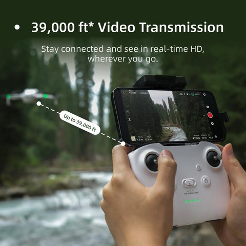 Hands holding controller for Mini Camera Drone With 4K60 Video And 8K 48MP Photos, screen showing real-time transmission.