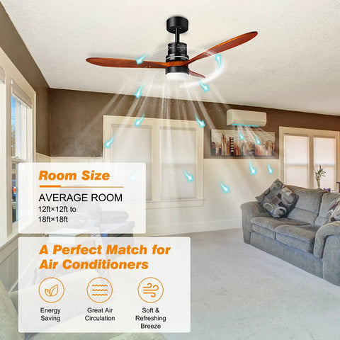 52 Inch Wood Ceiling Fan With Remote Control, 3 Color Temperature LED Light Kit in living room, energy saving.